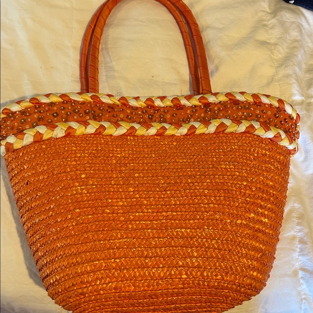 Orange Woven Straw Tote Bag